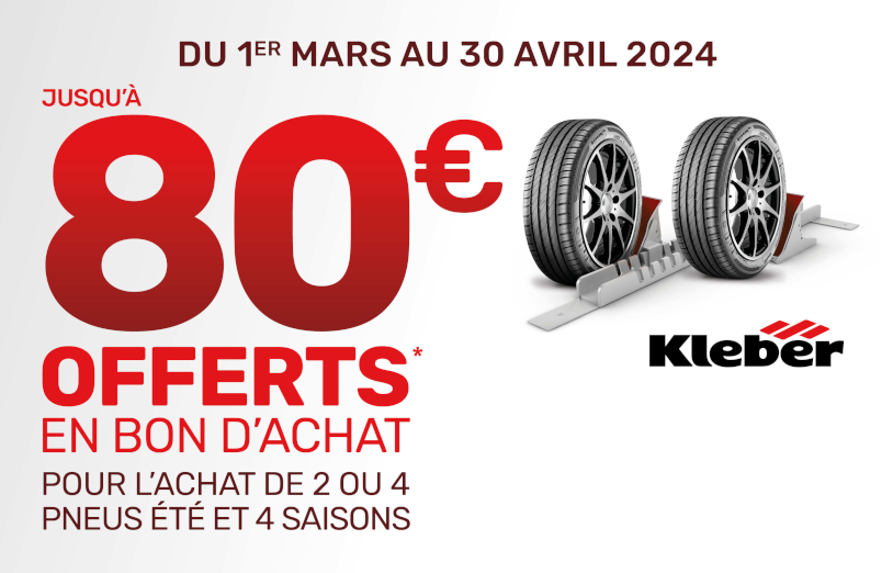 Promo pneus Kleber – Jusqu’à 80 euros offerts en bon d'achat